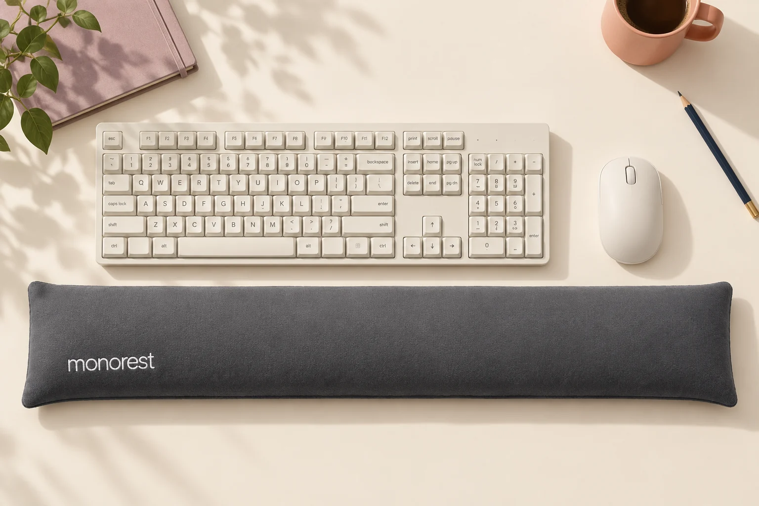 AI-styled desk scene illustrating a grey MONOREST wrist rest across the keyboard and mouse zones. Accessories are not included.